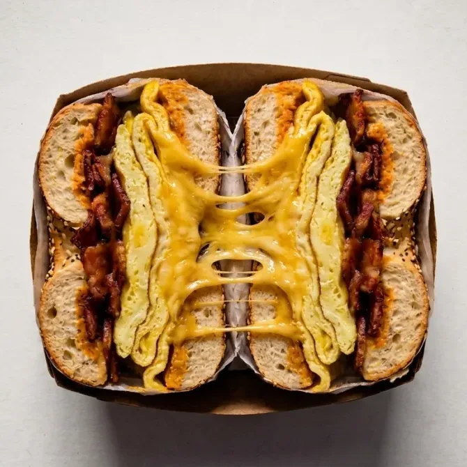 bacon egg and cheese bagel with melted cheddar